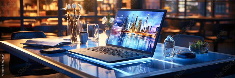 Laptop with an information graphic on it, in the bleu. AI generativ Laptop with an information graphic on it, in the bleu. AI generativ