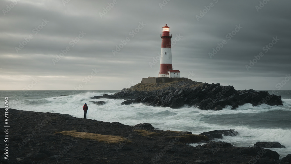 A solitary lighthouse standing tall amidst the wreckage, guiding the lost.