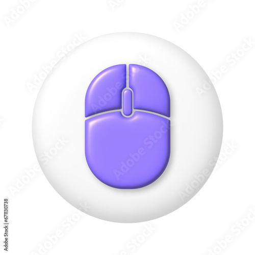 Purple computer mouse icon on white round button. 3D vector illustration.