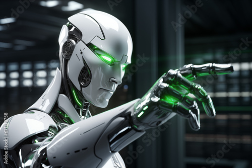  vision of the future as an advanced AI robot confidently points the way forward. This compelling image symbolizes innovation, progress, and the limitless potential of artificial intelligence