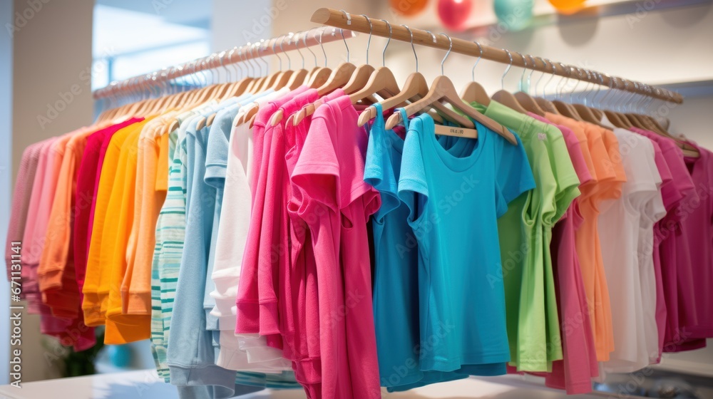 Display of women's summer wear, such as tops, shorts, and skirts, in large clothing stores.