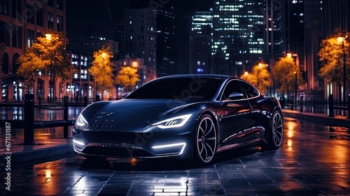 The sleek design of an electric car is emphasized in a stylish night shot photo