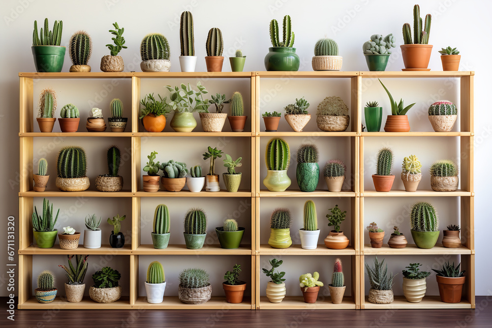 An array of potted cacti in different shapes and sizes are displayed on wooden shelves, bringing a touch of the desert indoors