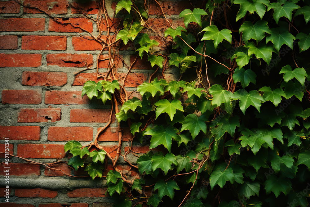 Obraz premium Ivy leaves have completely overgrown a brick wall, becoming a living mural that changes with the seasons