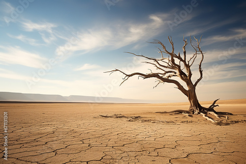 The skeleton of a dead tree stands alone in a vast desert landscape, representing both desolation and the harsh beauty of nature photo