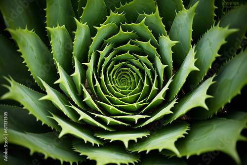 An aerial view of a spiral aloe plant, highlighting its unique geometric pattern that is both visually captivating and mathematically precise photo