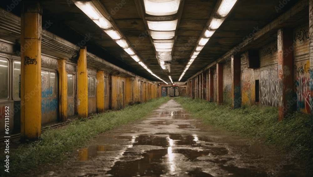 An abandoned, graffiti-covered subway station deep underground, now inhabited by mutants.