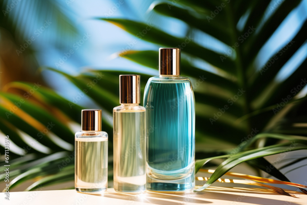 Glass perfume and lotion bottles mockup on natural botanical background with plants,,