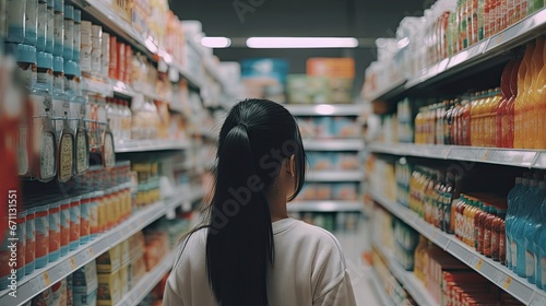 Rear view of young Asian mother groceries shopping for baby products in a supermarket. She is standing in front of the baby product aisle and have no idea which product to choose from. 