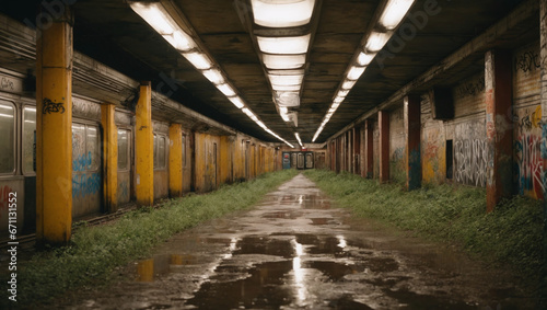 An abandoned  graffiti-covered subway station deep underground  now inhabited by mutants.