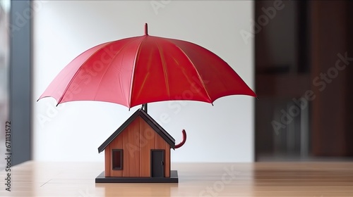 Red umbrella cover home model on office wooden table with white wall background copy space. House, real estate, property insurance business, mortgage loan insurance concept. Insurance is risk control 