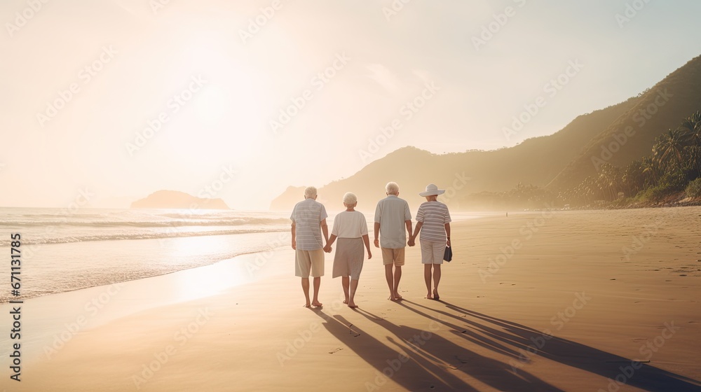 Senior couples walking on the beach at sunny day, plan life insurance with the concept of happy retirement. 