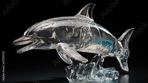 Crystal-clear dolphin ice sculpture making a leap isolated on a white background 