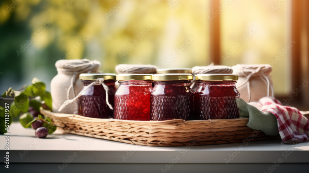 assortment of jams, seasonal berries, plums, mint and fruits assortment of jams, seasonal berries, plums, mint and fruits