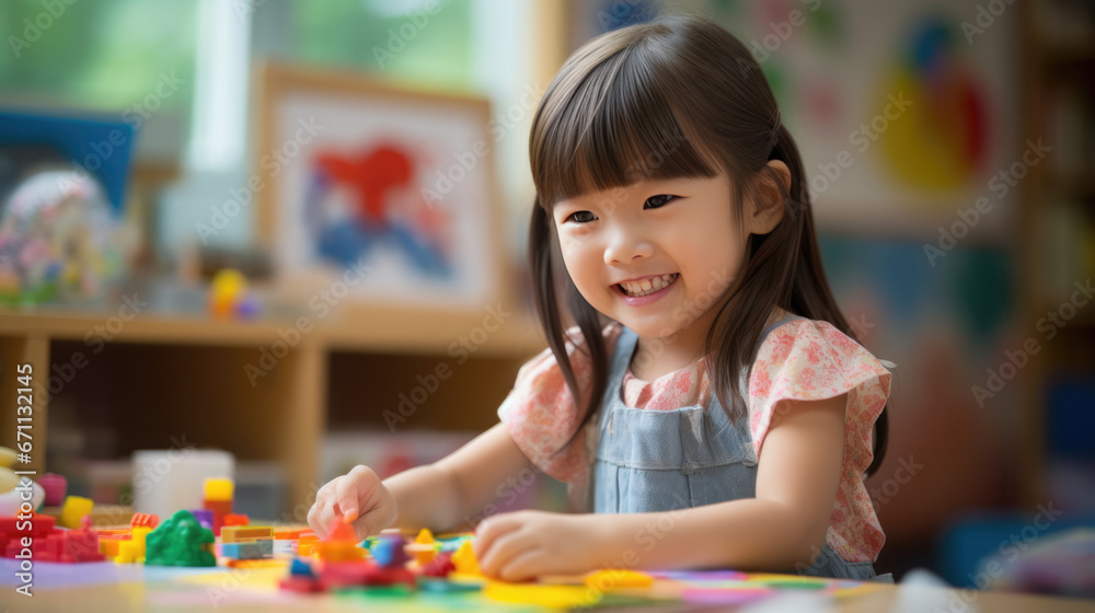 Fototapeta premium Young preschooler makes a paper and paint craft for classroom lessons