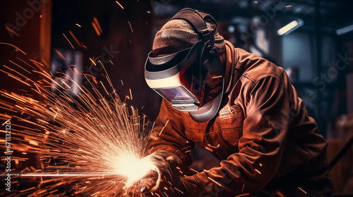 A male welder wearing a protective mask carefully welds metal at a factory.