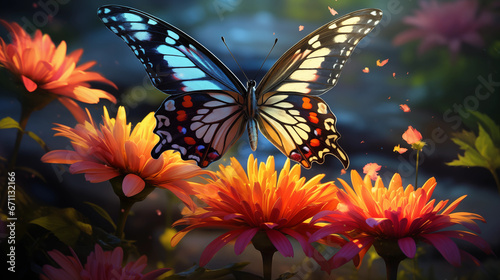 An image of a bright butterfly sitting on the petals of a blooming flower.