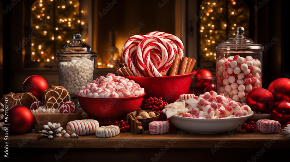 An image of candies laid out on a festive display for Christmas.