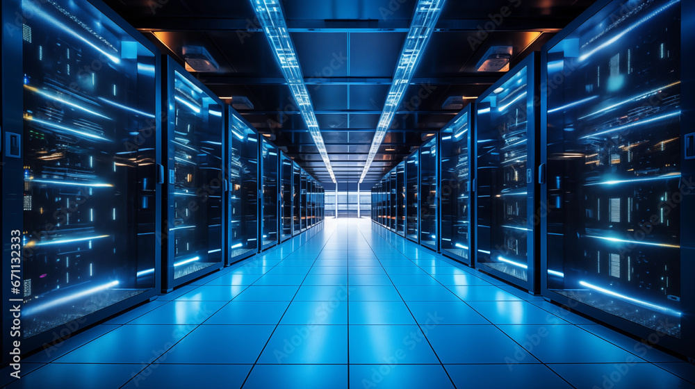 An image of organized rows of servers in a busy data center.