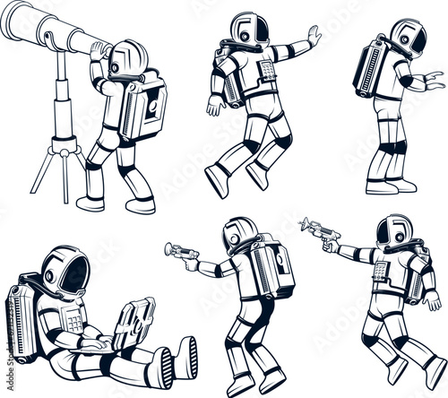 Astronaut in a spacesuit in various poses - contour vector drawing. Cosmonaut set.