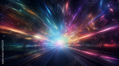 Hyperspace journey with streaks of brilliant light and cosmic colors.