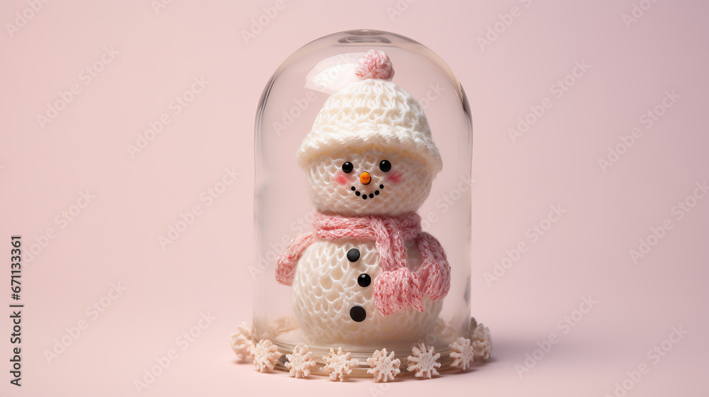 crocheted snowman in glass ball with pink background crocheted snowman in glass ball with pink background