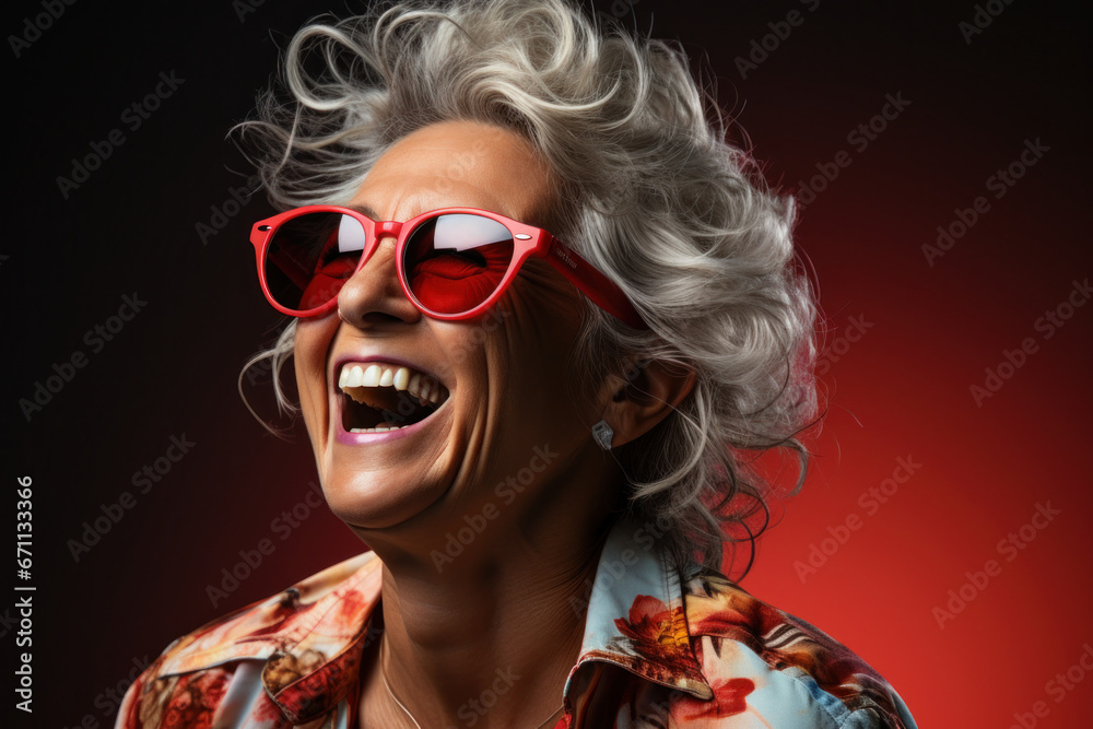 Senior woman laughing in Red sunglasses and in stylish clothes Senior woman laughing in Red sunglasses and in stylish clothes