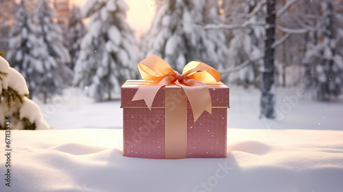 closeup of pink gift box outdoor in the sno