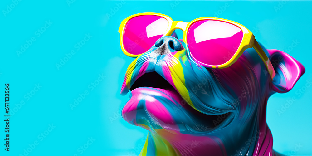 Fantasy digital art of bulldog wearing glasses with multicolored liquid in surface.funny animal in surreal surrealism ideas.creativity and inspiration background.