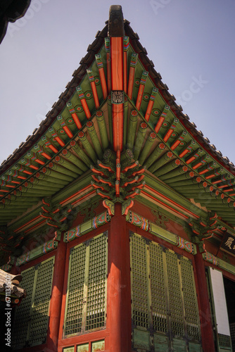 Photography korean traditional temple roof with colorful ornaments