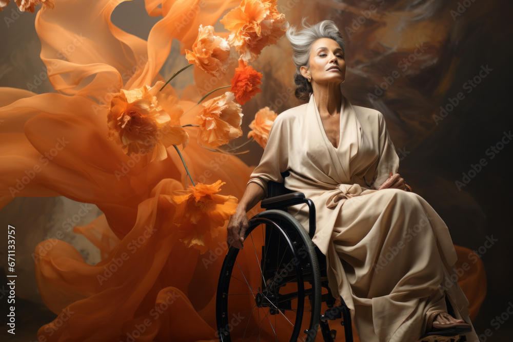 An old woman in a beautiful long Orange dress poses in a wheelchair. Abstract Background.
