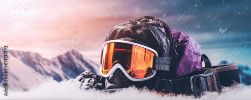 Snowboard equipment on winter background. copy space for text. photo