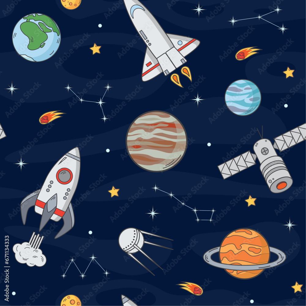 Naklejka premium Seamless vector pattern Space. Planets and spaceships, stars and constellations in space. Children's pattern