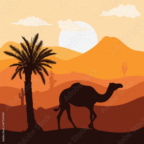 Silhouette of a camel walking isolated in the evening, night, dawn desert background © MdJannatul