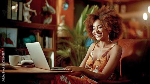 HAPPY AFRICAN AMERICAN WOMAN USING LAPTOP AT HOME . legal AI