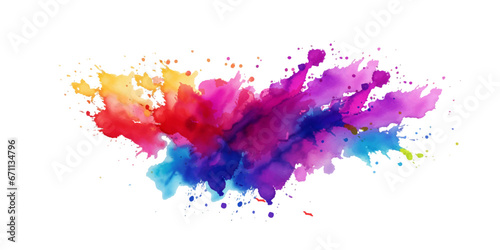 Bright colorful watercolor splash splatter stain brush strokes on white background. Modern vibrant aquarelle spot. Rainbow trendy isolated design on white. Element. Vector watercolor illustration.