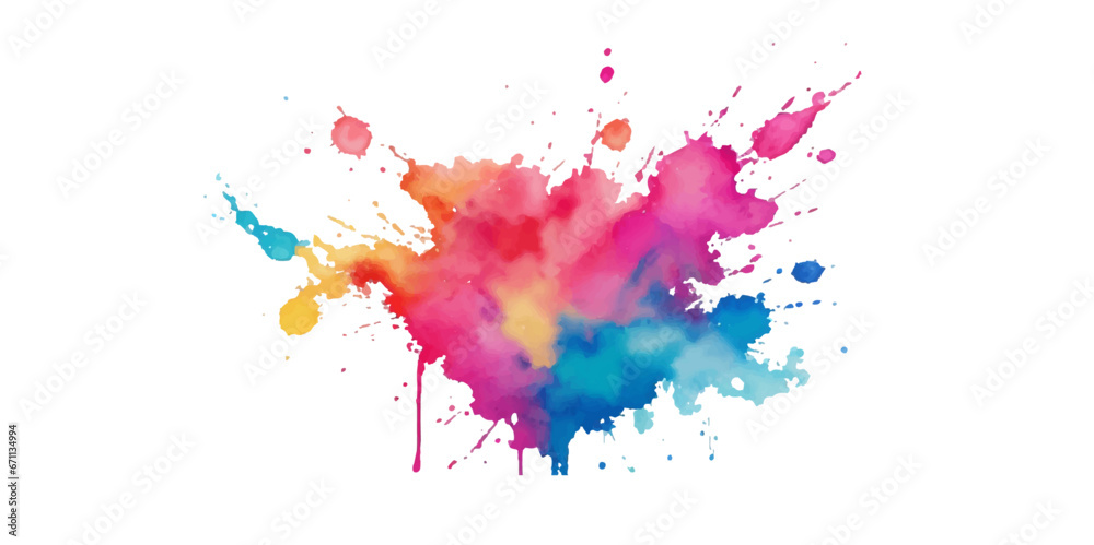 Bright colorful watercolor splash splatter stain brush strokes on white background. Modern vibrant aquarelle spot. Rainbow trendy isolated design on white. Element. Vector watercolor illustration.