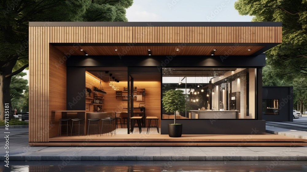 Small modern coffee shop, wooden exterior, realistic render. Architecture design concept for cafe, coffee, shop.