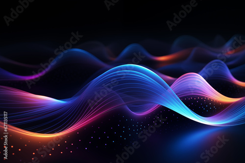 Dive into a stunning 3D background featuring flowing energy waves resembling majestic mountainous peaks, bathed in serene blues and purples against a deep black backdrop, captivating landscape.