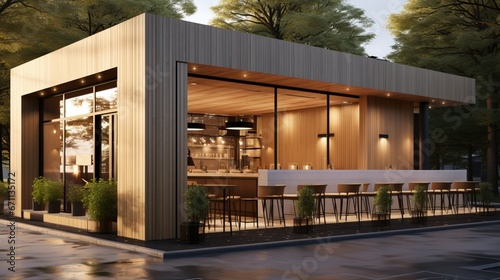 Small modern coffee shop, wooden exterior, realistic render. Architecture design concept for cafe, coffee, shop. photo