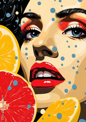 Woman portrait with citrus and water drops in pop art style. Generative AI.
