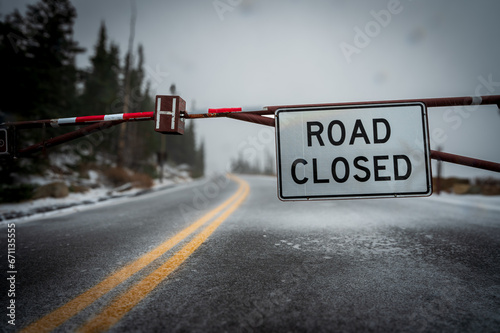 road closed sign in snow