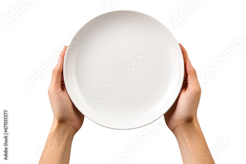Hands holding a plate cut out transparent isolated on white background ,PNG file.