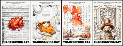 Happy Thanksgiving day poster set. Traditional autumn Thanks Giving celebration placard templates with turkey and pumpkin pie. Seasonal fall family holiday prints. Retro drawing art vector eps covers