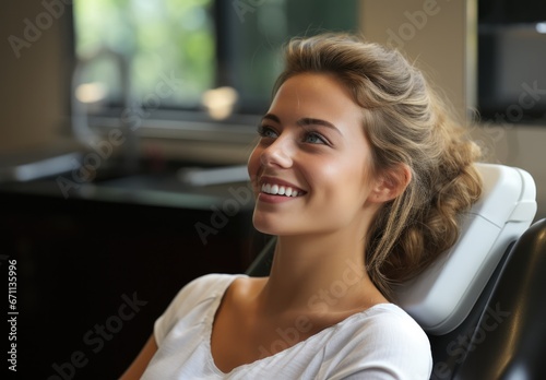 Young woman checking her teeth with dentist