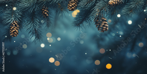 A serene Christmas background featuring lights adorning a pine cone branch with mossy green and blue leaves. Styled with light yellow and light gray, this minimalist and texture-rich composition.