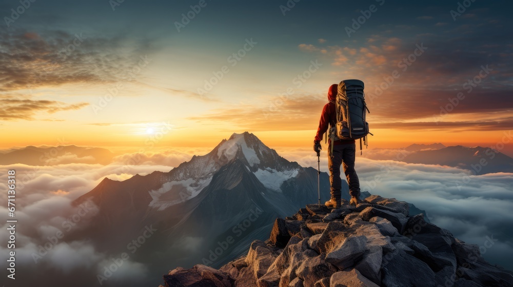 Male mountain climber on mountain top for success concept Male mountain climber on mountain top for success concept