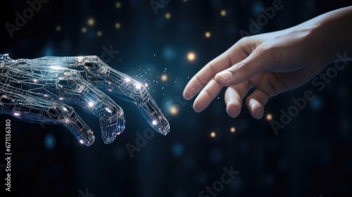 Hands of robot and human touching on big data network connection