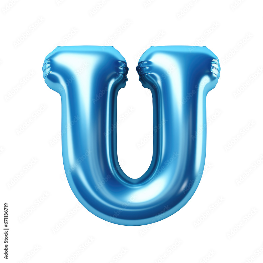 blue metallic U alphabet balloon Realistic 3D on white background. blue metallic U alphabet balloon Realistic 3D on white background.