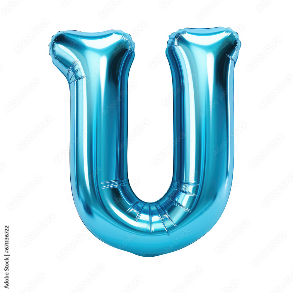 blue metallic U alphabet balloon Realistic 3D on white background. blue metallic U alphabet balloon Realistic 3D on white background.
